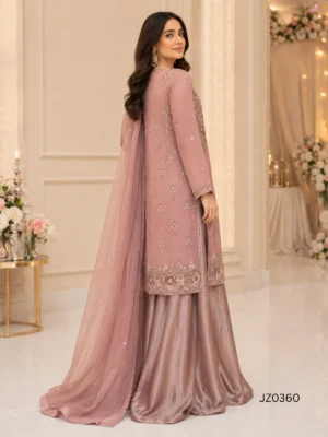 Dusty Rose Pakistani Long Shirt with Sharara Palazzo — styling view | Jabeenz UK