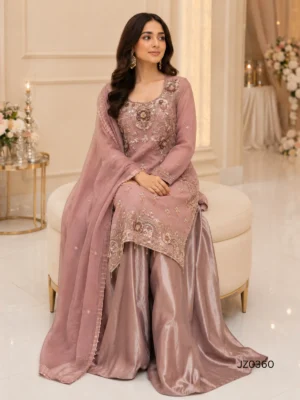 Dusty Rose Pakistani Long Shirt with Sharara Palazzo — detail view | Jabeenz UK