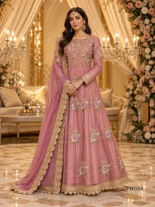 Dusty Rose Embroidered Pakistani Party Wear Maxi