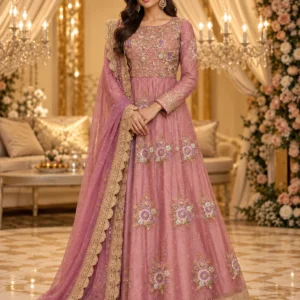 Dusty Rose Embroidered Pakistani Party Wear Maxi