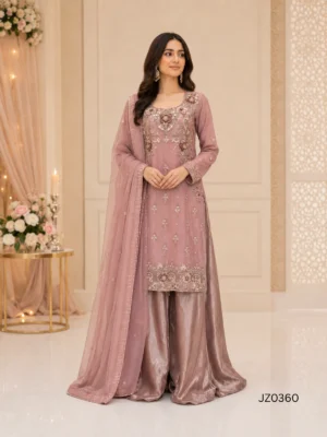 Dusty Rose Pakistani Long Shirt with Sharara Palazzo — back view | Jabeenz UK
