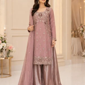 Dusty Rose Pakistani Long Shirt with Sharara Palazzo