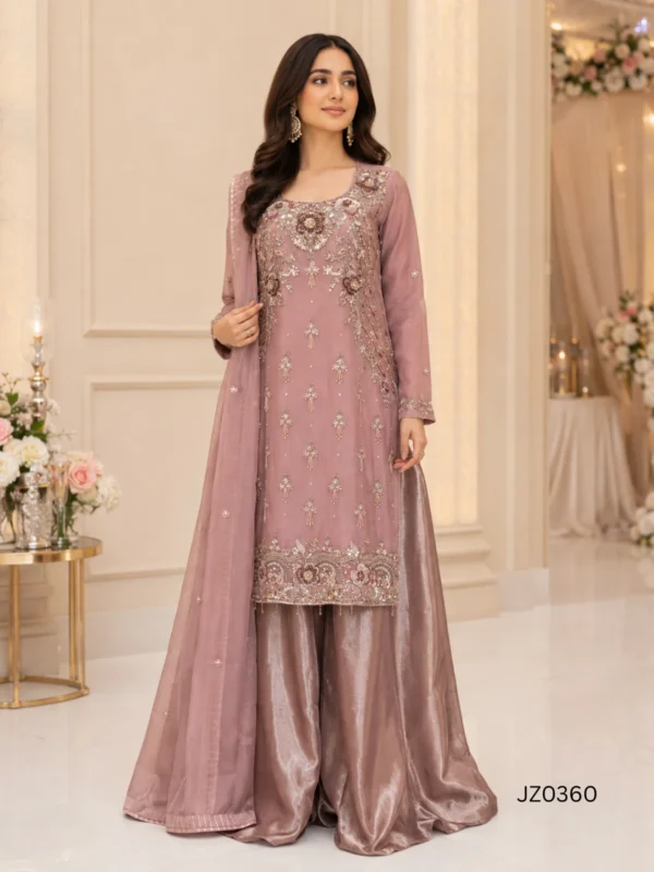 Dusty Rose Pakistani Long Shirt with Sharara Palazzo