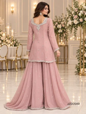Blush Pink Embroidered Pakistani Party Wear Sharara — styling view | Jabeenz UK