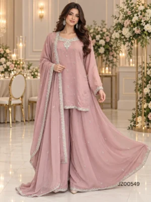 Blush Pink Embroidered Pakistani Party Wear Sharara — close-up view | Jabeenz UK