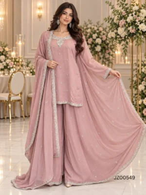 Blush Pink Embroidered Pakistani Party Wear Sharara — detail view | Jabeenz UK