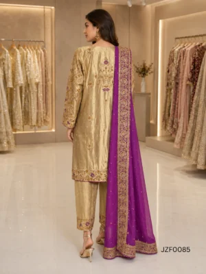 Golden Embroidered Pakistani Formal Party Wear Suit — styling view | Jabeenz UK