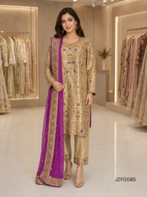 Golden Embroidered Pakistani Formal Party Wear Suit — close-up view | Jabeenz UK