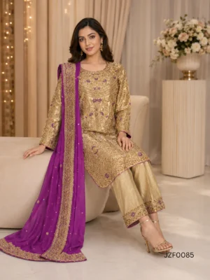 Golden Embroidered Pakistani Formal Party Wear Suit — detail view | Jabeenz UK
