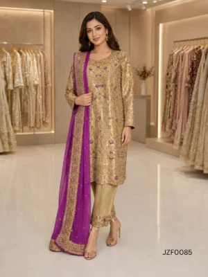 Golden Embroidered Pakistani Formal Party Wear Suit — back view | Jabeenz UK