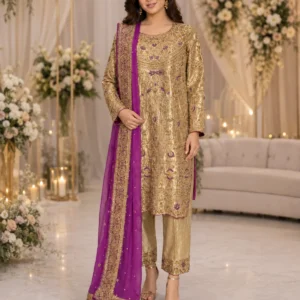 Golden Embroidered Pakistani Formal Party Wear Suit