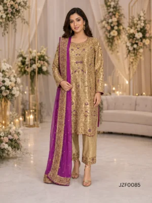 Golden Embroidered Pakistani Formal Party Wear Suit — front view | Jabeenz UK