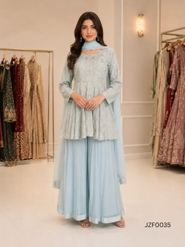 Ice Blue Embroidered Peplum Sharara Party Dress