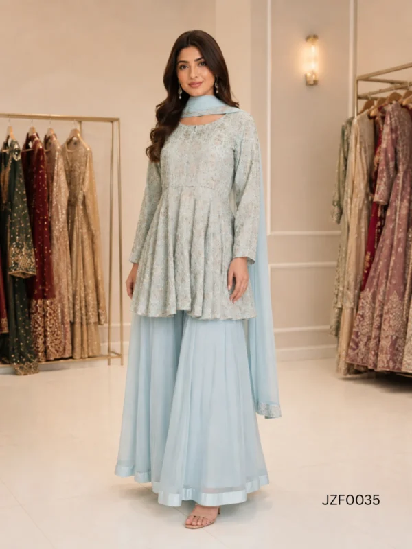 Ice Blue Embroidered Peplum Sharara Party Dress - alternate view