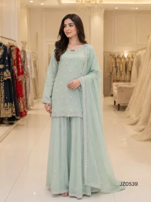 Mint Green Pakistani Wedding & Party Wear Sharara — close-up view | Jabeenz UK
