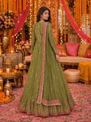 Olive Green Embroidered Pakistani Wedding Guest Maxi — styling view | Jabeenz UK