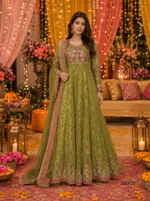 Olive Green Embroidered Pakistani Wedding Guest Maxi — close-up view | Jabeenz UK