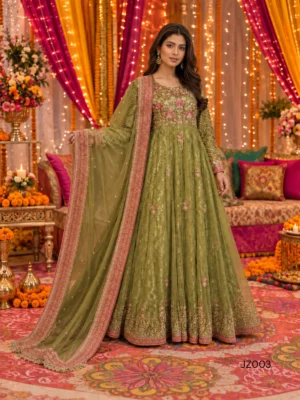 Olive Green Embroidered Pakistani Wedding Guest Maxi — detail view | Jabeenz UK