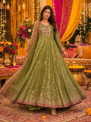 Olive Green Embroidered Pakistani Wedding Guest Maxi — back view | Jabeenz UK