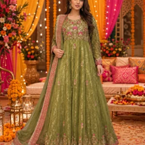 Olive Green Embroidered Pakistani Wedding Guest Maxi