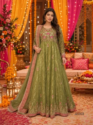 Olive Green Embroidered Pakistani Wedding Guest Maxi — front view | Jabeenz UK