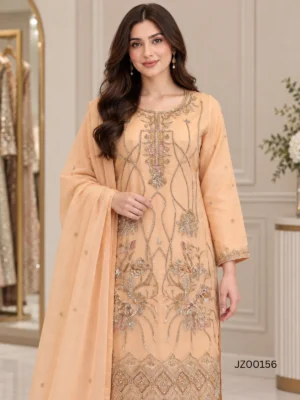 Peach Embroidered Pakistani Formal Party Wear Suit — back view | Jabeenz UK
