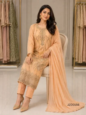Peach Embroidered Pakistani Formal Party Wear Suit — detail view | Jabeenz UK