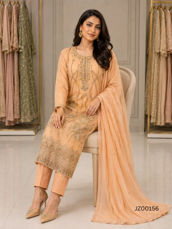 Peach Embroidered Pakistani Formal Party Wear Suit - alternate view