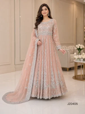 Peach Embroidered Pakistani Wedding & Party Wear Maxi — close-up view | Jabeenz UK