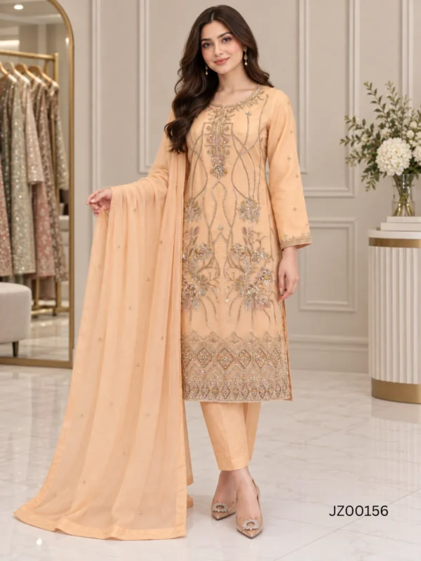 Peach Embroidered Pakistani Formal Party Wear Suit