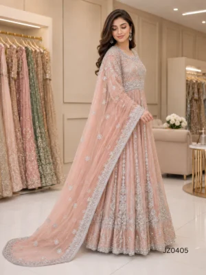 Peach Embroidered Pakistani Wedding & Party Wear Maxi — detail view | Jabeenz UK