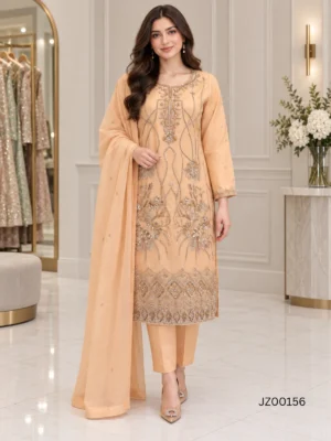 Peach Embroidered Pakistani Formal Party Wear Suit — close-up view | Jabeenz UK