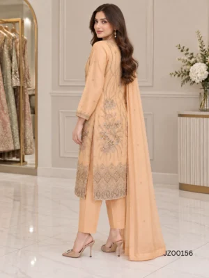 Peach Embroidered Pakistani Formal Party Wear Suit — styling view | Jabeenz UK