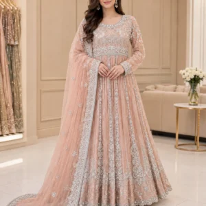 Peach Embroidered Pakistani Wedding & Party Wear Maxi