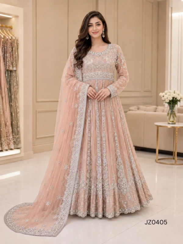 Peach Embroidered Pakistani Wedding & Party Wear Maxi