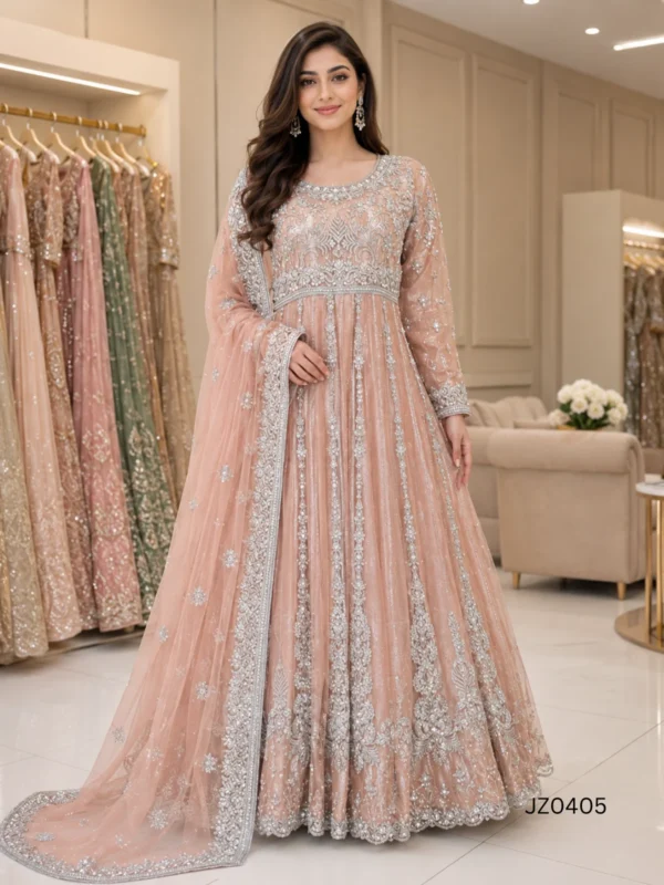 Peach Embroidered Pakistani Wedding & Party Wear Maxi - alternate view