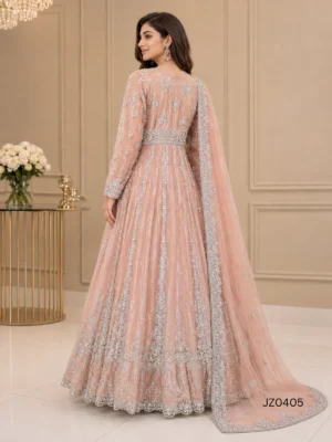 Peach Embroidered Pakistani Wedding & Party Wear Maxi — styling view | Jabeenz UK