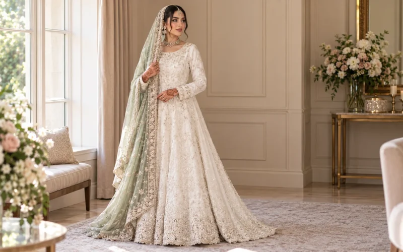 Asian Bridal Dresses for Nikkah: Add Colour Through the Dupatta Only