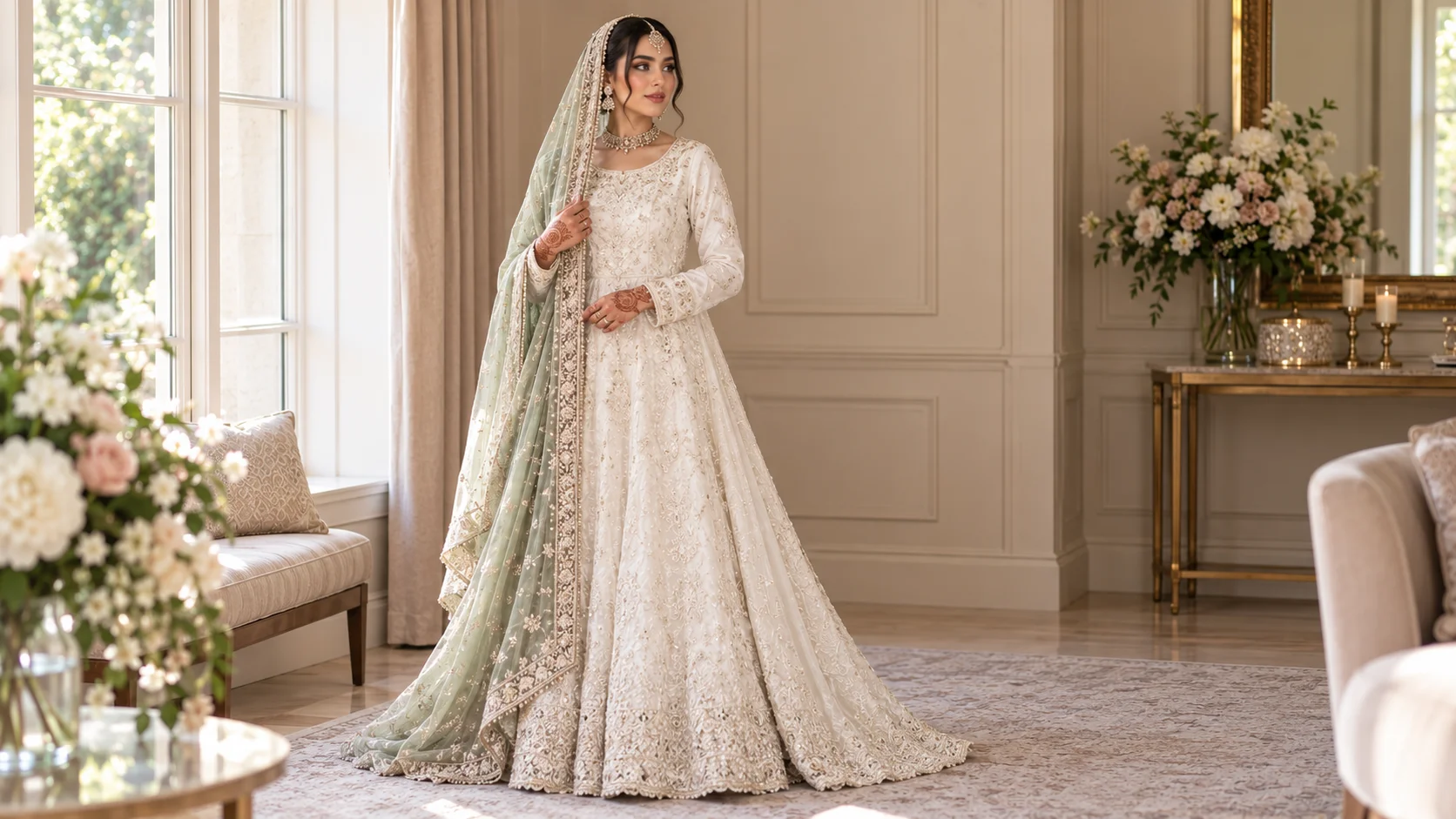 Asian Bridal Dresses for Nikkah: Add Colour Through the Dupatta Only