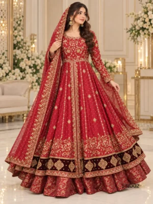 Deep Red Embroidered Pakistani Bridal Maxi — close-up view | Jabeenz UK