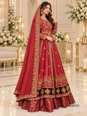 Deep Red Embroidered Pakistani Bridal Maxi — back view | Jabeenz UK