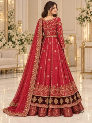 Deep Red Embroidered Pakistani Bridal Maxi — styling view | Jabeenz UK