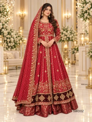 Deep Red Embroidered Pakistani Bridal Maxi — detail view | Jabeenz UK