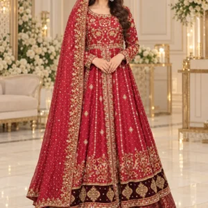 Deep Red Embroidered Pakistani Bridal Maxi