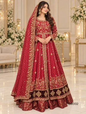 Deep Red Embroidered Pakistani Bridal Maxi — front view | Jabeenz UK